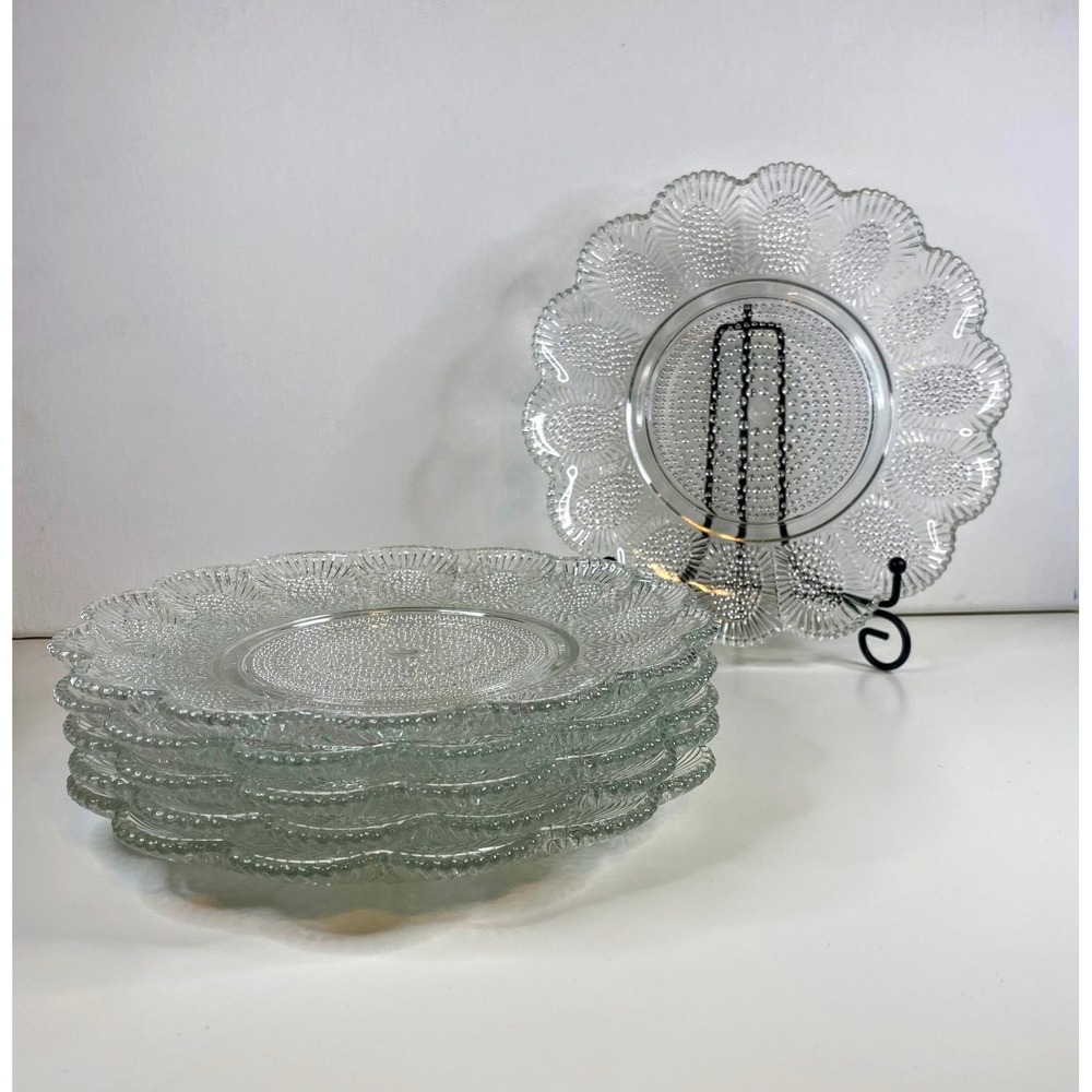 Vintage Indiana Scalloped Glass Clear Hobnail 8" Salad Dessert Plates set of 6